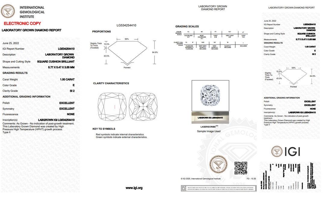 IGI CERTIFIED 1.00 CT CUSHION CUT LAB-GROWN DIAMOND, SI2 CLARITY, E COLOR - BLUE SHADE