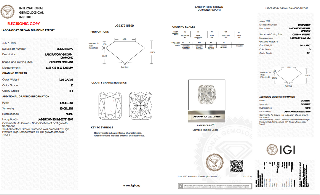 IGI CERTIFIED 1.01 CT LONG CUSHION CUT LAB GROWN DIAMOND - SI1 CLARITY - D COLOR