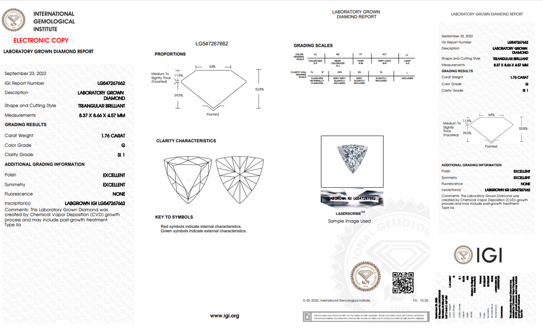 DIAMANT CULTIVÉ EN LABORATOIRE DE 1,76 CT CERTIFIÉ IGI | CLARTÉ SI1 | G COULEUR