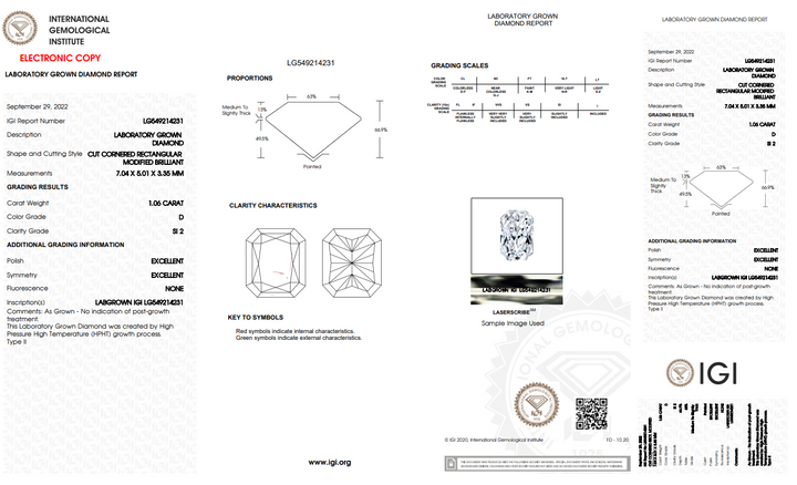 IGI CERTIFIED 1.06 CT RADIANT CUT LAB GROWN DIAMOND - SI2/D COLOR