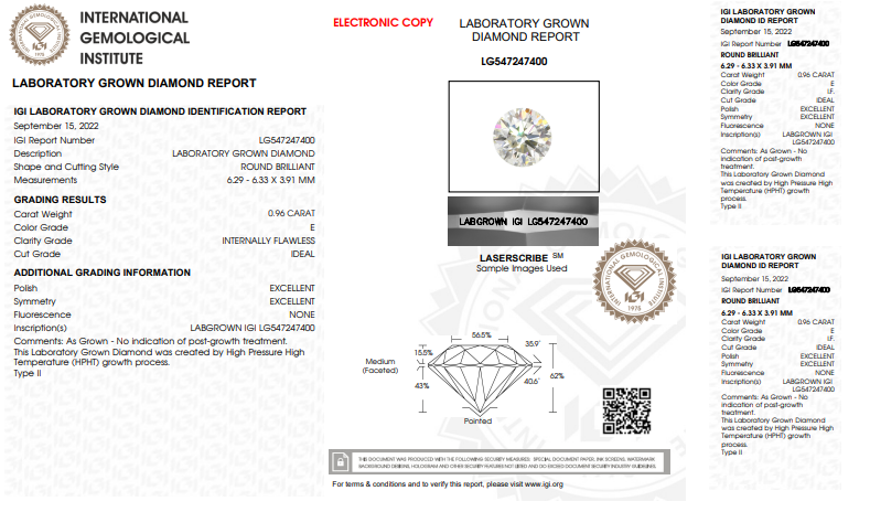 IGI CERTIFIED 0.96 CT ROUND LAB GROWN DIAMOND - INTERNALLY FLAWLESS (IF/E)