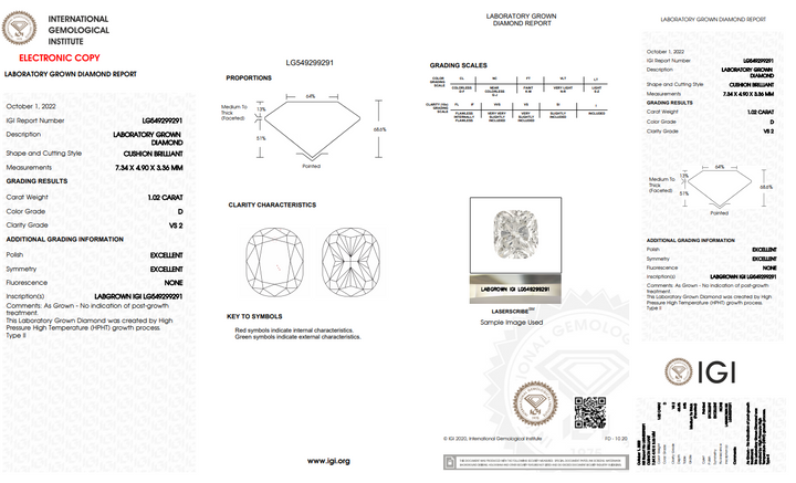 IGI CERTIFIED 1.02 CT LONG CUSHION CUT LAB GROWN DIAMOND, VS2 CLARITY, D COLOR