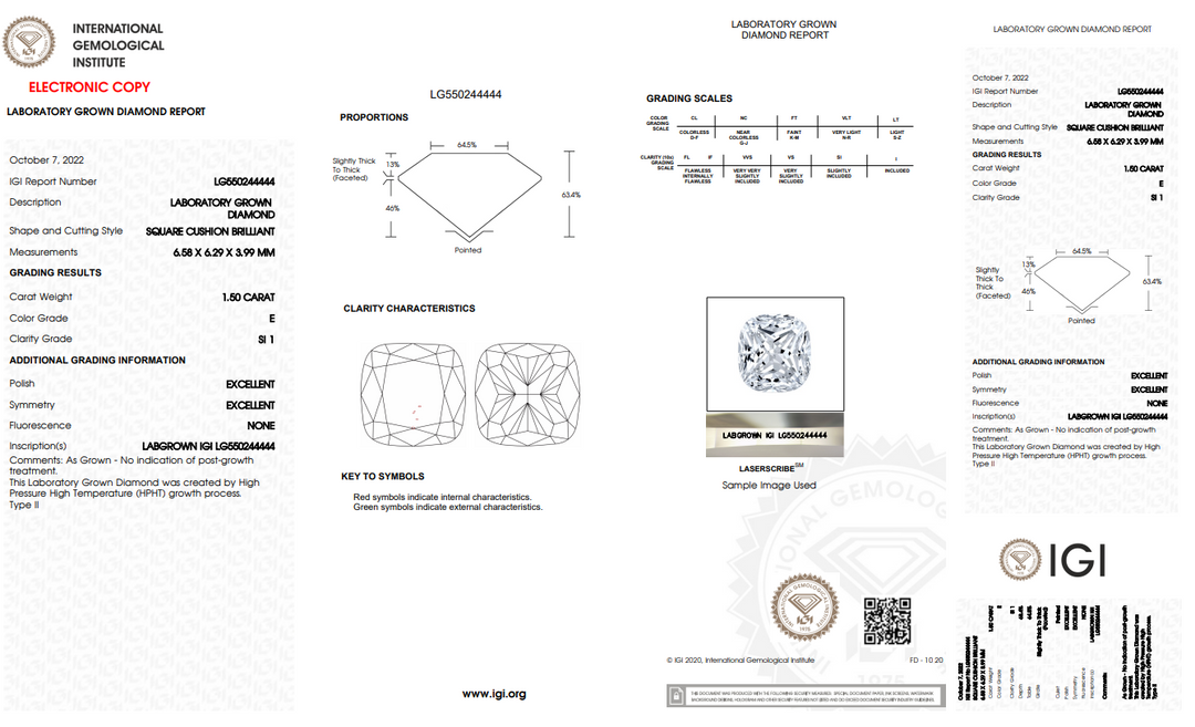 IGI CERTIFIED 1.50 CT CUSHION CUT LAB GROWN DIAMOND - SI1 CLARITY - E COLOR