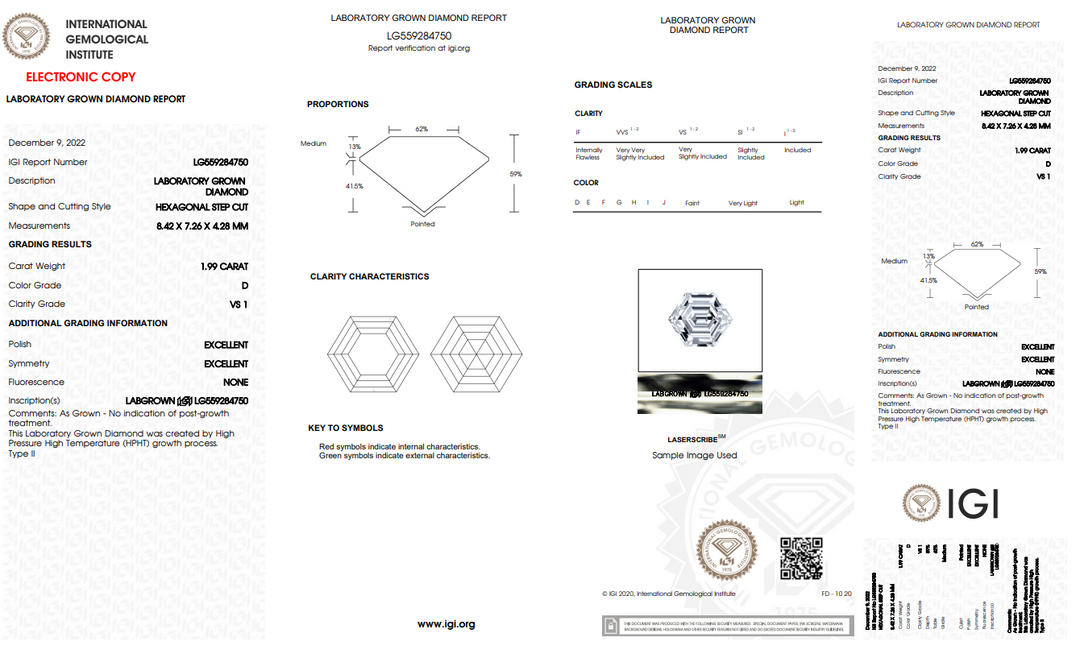 IGI CERTIFIED 1.99 CT HEXAGONAL CUT LAB-GROWN DIAMOND, VS1 CLARITY, D COLOR