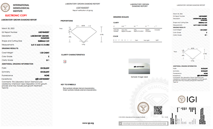 IGI CERTIFIED 1 CT EMERALD LAB-GROWN DIAMOND, SI1 CLARITY