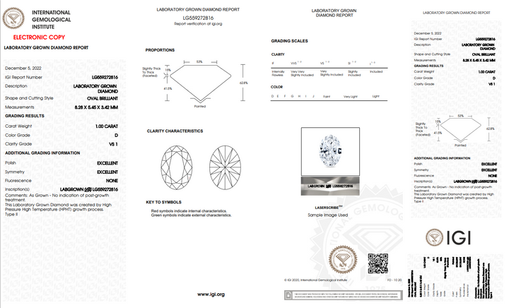 IGI CERTIFIED 1 CT OVAL LAB-GROWN DIAMOND, VS1 CLARITY