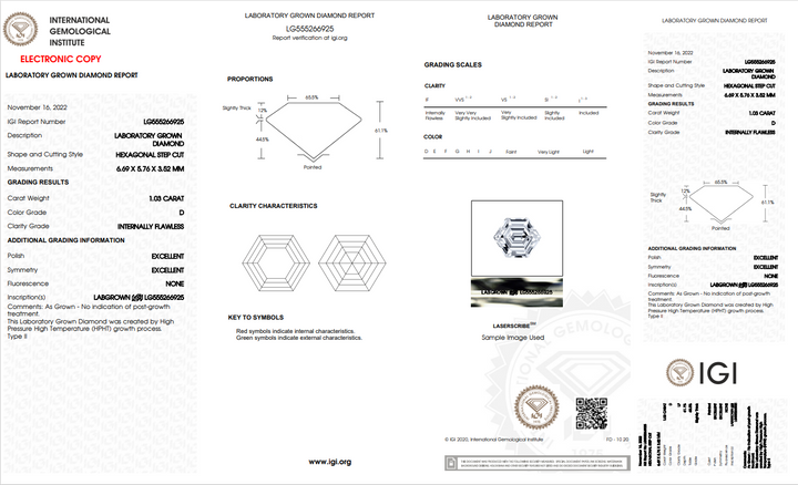 IGI CERTIFIED 1.03 CT HEXAGONAL CUT LAB GROWN DIAMOND | INTERNALLY FLAWLESS | D COLOR