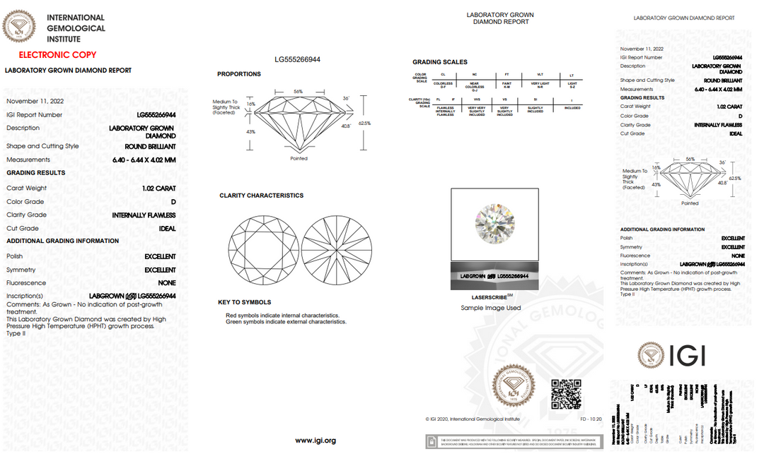 DIAMANT ROND DE LABORATOIRE DE 1,02 CT CERTIFIÉ IGI (IF/D)