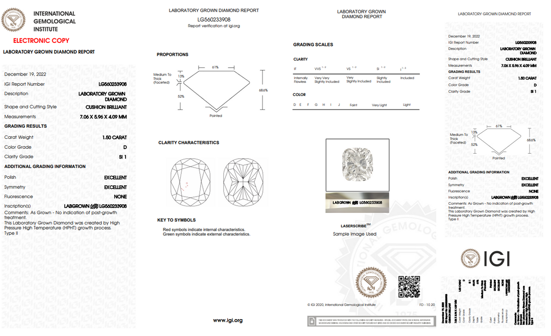 DIAMANT CULTIVÉ EN LABORATOIRE LONG COUSSIN DE 1,50 CT CERTIFIÉ IGI - COULEUR SI1/D