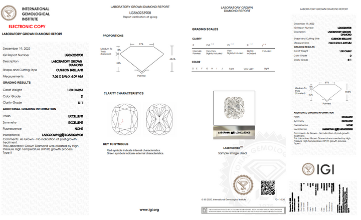 DIAMANT CULTIVÉ EN LABORATOIRE LONG COUSSIN DE 1,50 CT CERTIFIÉ IGI - COULEUR SI1/D