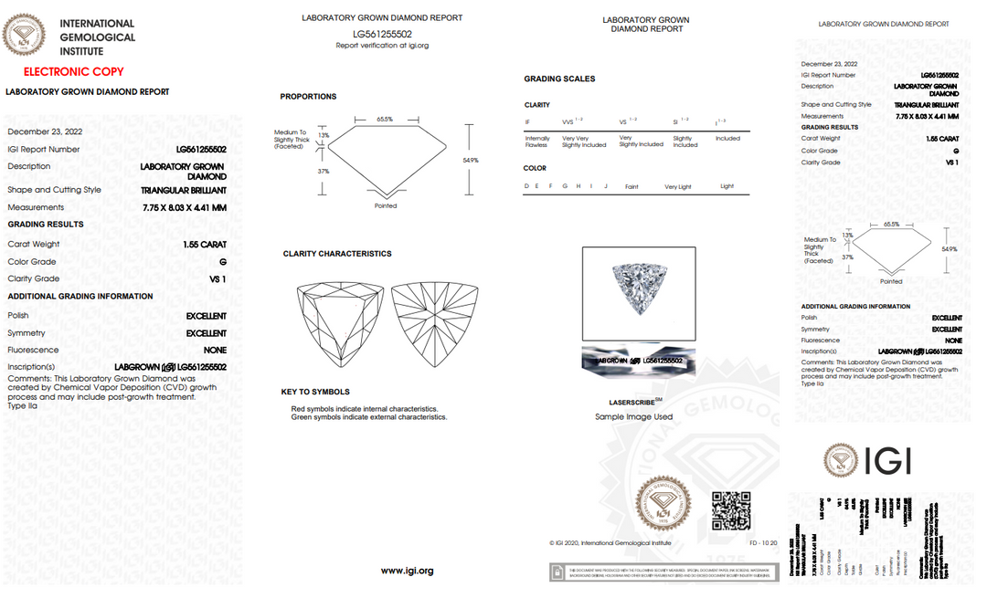 IGI CERTIFIED 1.55 CT TRILLIANT CUT LAB-GROWN DIAMOND, VS1 CLARITY, G COLOR