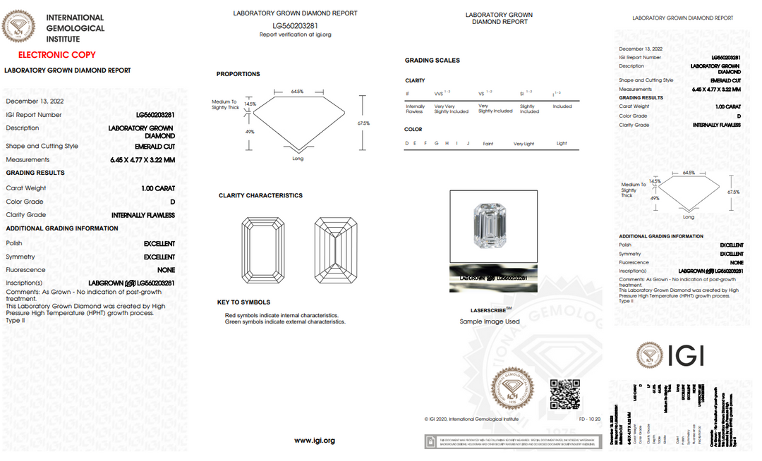 IGI CERTIFIED 1 CT EMERALD LAB GROWN DIAMOND WITH INTERNALLY FLAWLESS CLARITY