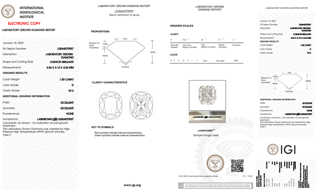 DIAMANTE CULTIVADO EN LABORATORIO DE 1,50 CT DE TALLA CUSHION CON CERTIFICACIÓN IGI | CLARIDAD VS2 | COLOR D