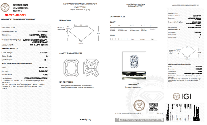 DIAMANT CULTIVÉ EN LABORATOIRE RADIANT DE 1,01 CT CERTIFIÉ IGI - CLARTÉ VS1 - COULEUR D