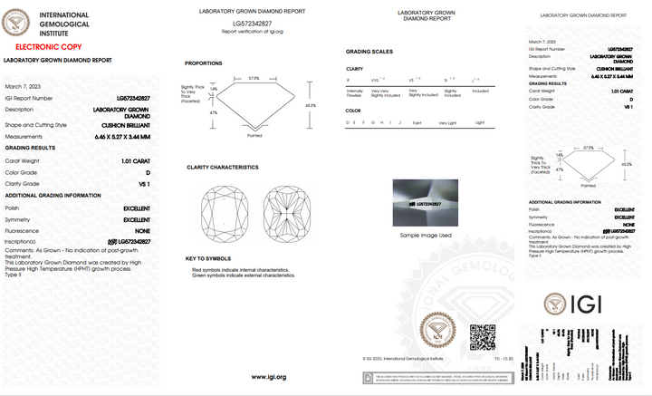 IGI CERTIFIED 1.01 CT LONG CUSHION CUT LAB GROWN DIAMOND - VS1/D COLOR