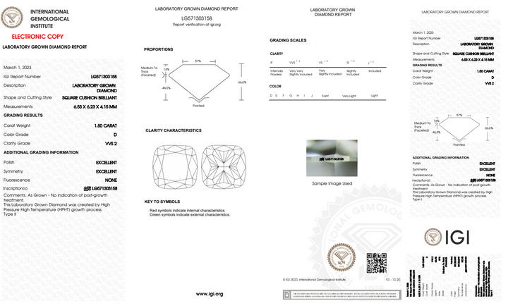 IGI CERTIFIED 1.50 CT CUSHION CUT LAB GROWN DIAMOND, VVS2 CLARITY, D COLOR