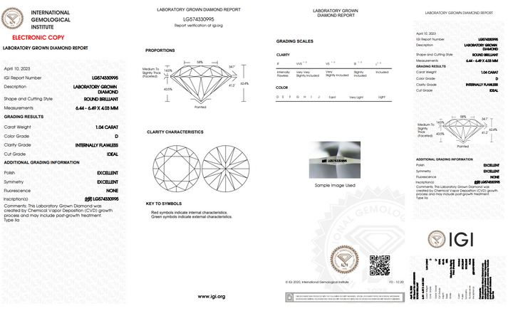 DIAMANTE REDONDO CRECIDO EN LABORATORIO DE 1,04 CT CON CLARIDAD IMPECABLE (IF/D)