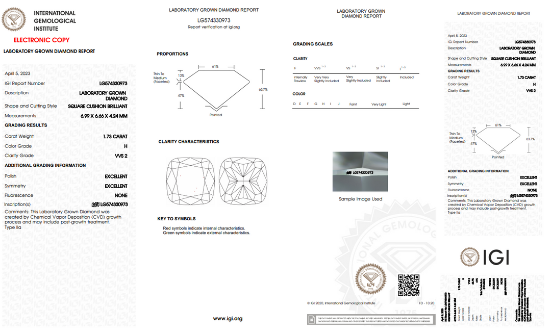 IGI CERTIFIED 1.73 CT CUSHION CUT LAB-GROWN DIAMOND - VVS2 CLARITY - H COLOR