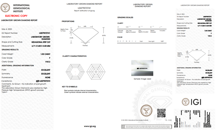 IGI CERTIFIED 1.03 CT HEXAGONAL CUT LAB-GROWN DIAMOND, VVS2 CLARITY, F COLOR