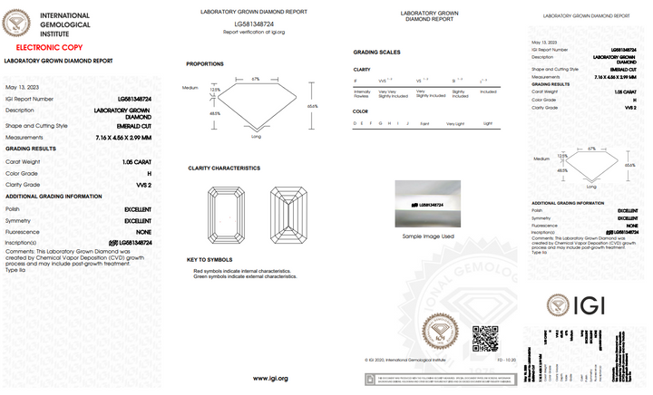 IGI CERTIFIED 1.05 CT EMERALD LAB-GROWN DIAMOND, VVS2 CLARITY