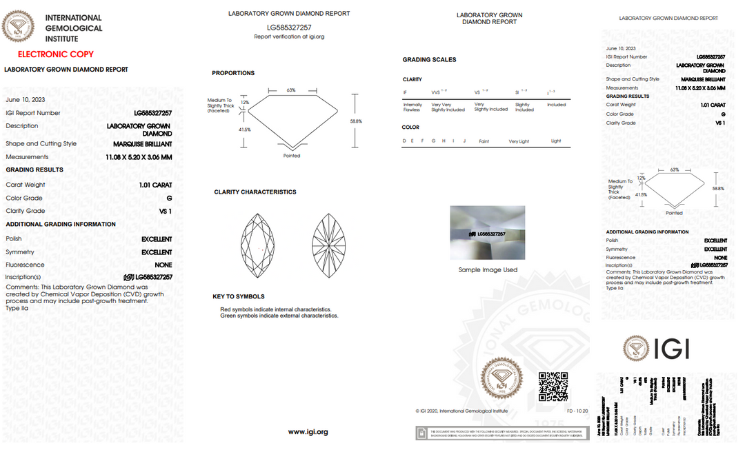 IGI CERTIFIED 1.01 CT MARQUISE LAB-GROWN DIAMOND, VS1 CLARITY