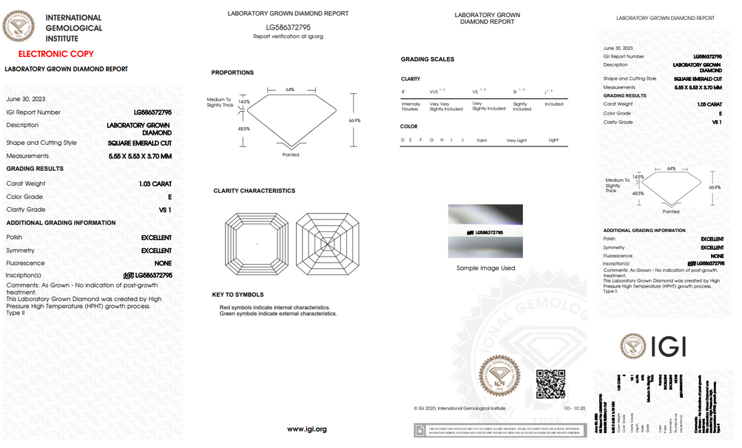 DIAMANT CULTIVÉ EN LABORATOIRE ÉMERAUDE CARRÉ DE 1,03 CT CERTIFIÉ IGI | CLARTÉ VS1 | COULEUR E