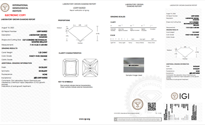 IGI CERTIFIED 1.22 CT RADIANT CUT LAB GROWN DIAMOND, VS1 CLARITY, FANCY VIVID ORANGE