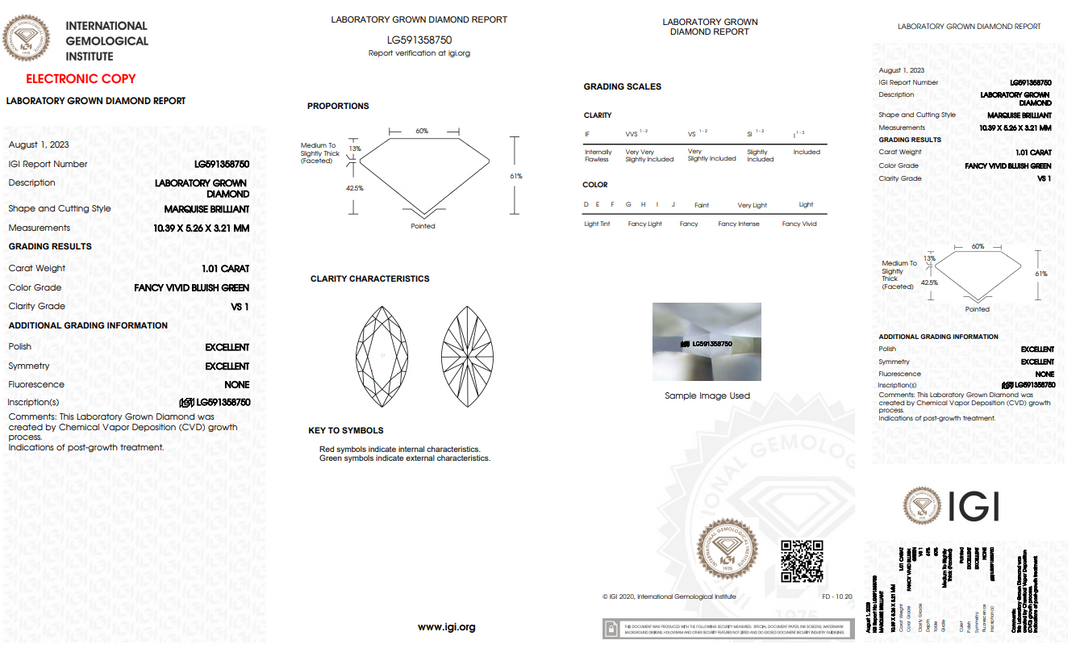 IGI CERTIFIED 1.01 CT MARQUISE LAB-GROWN DIAMOND, VS1, FANCY VIVID BLUISH GREEN