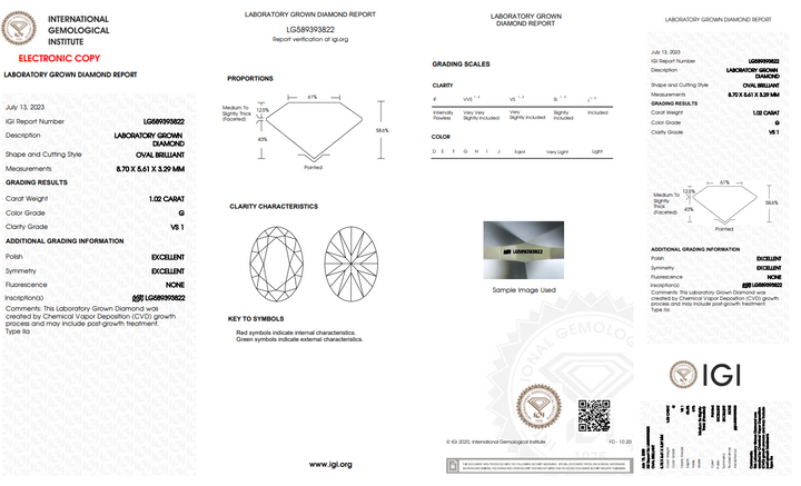 IGI CERTIFIED 1.02 CT OVAL LAB GROWN DIAMOND | VS1 Clarity