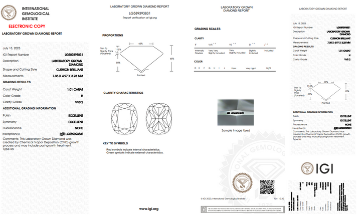 IGI CERTIFIED 1.01 CT LONG CUSHION CUT LAB-GROWN DIAMOND - VVS2/H COLOR