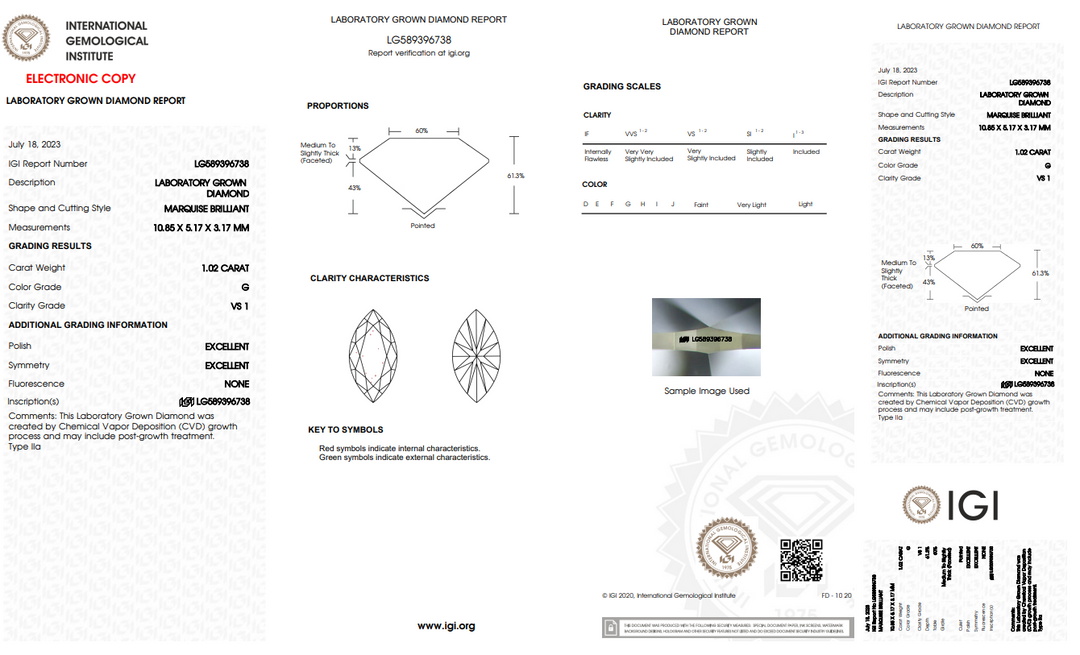 IGI CERTIFIED 1.02 CT MARQUISE LAB-GROWN DIAMOND, VS1 CLARITY, G COLOR