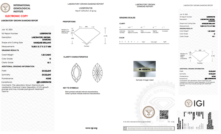 IGI CERTIFIED 1.02 CT MARQUISE LAB-GROWN DIAMOND, VS1 CLARITY, G COLOR