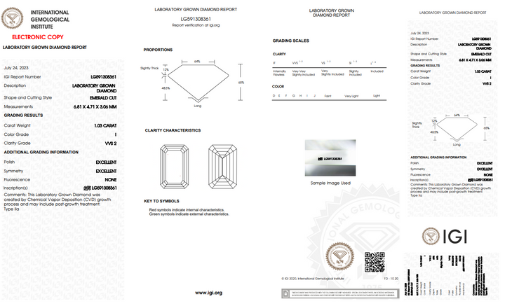 IGI CERTIFIED 1.03 CT EMERALD CUT LAB-GROWN DIAMOND, VVS2 CLARITY