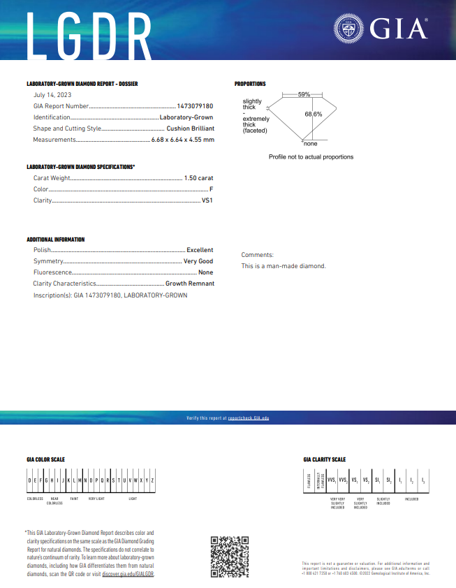 GIA CERTIFIED 1.50 CT CUSHION BRILLIANT CUT LAB-GROWN DIAMOND | VS1 CLARITY | F COLOR