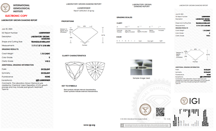 IGI CERTIFIED 1.10 CT TRILLIANT CUT LAB GROWN DIAMOND - VVS2/E COLOR