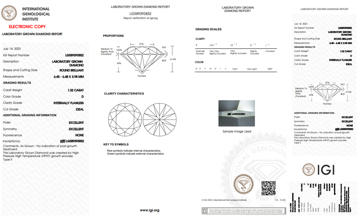 IGI CERTIFIED 1.02 CT ROUND LAB GROWN DIAMOND, INTERNALLY FLAWLESS (IF)