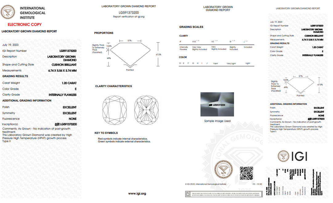 IGI CERTIFIED 1.20 CT LONG CUSHION CUT LAB GROWN DIAMOND | INTERNALLY FLAWLESS | E COLOR