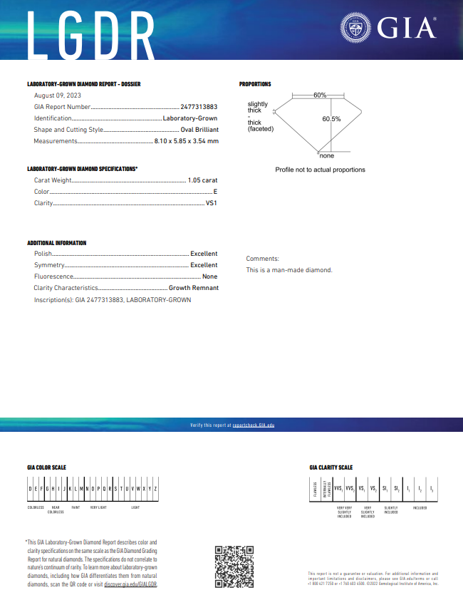 GIA CERTIFIED 1.05 CT OVAL LAB-GROWN DIAMOND, VS1 CLARITY