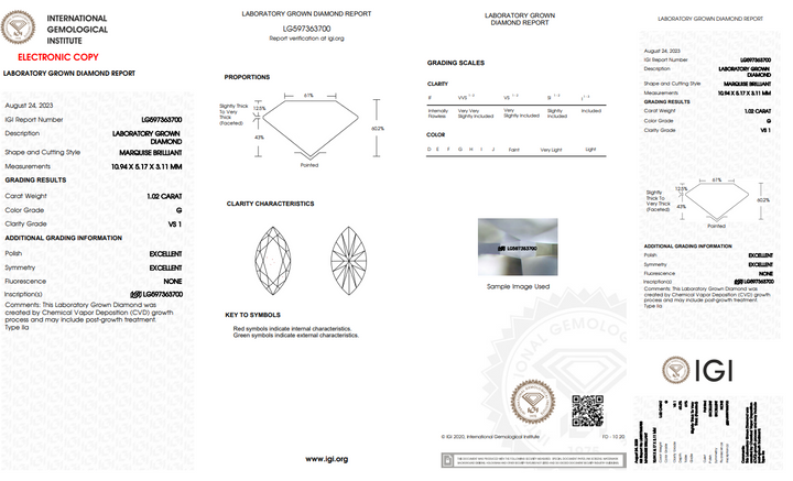 IGI CERTIFIED 1.02 CT MARQUISE LAB GROWN DIAMOND, VS1 CLARITY