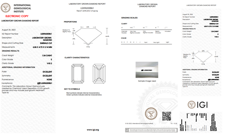 IGI CERTIFIED 1.04 CT EMERALD CUT LAB-GROWN DIAMOND, VVS2 CLARITY