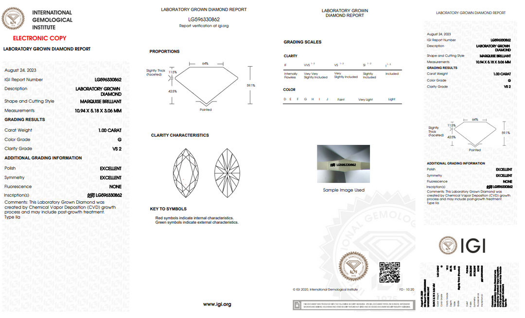 DIAMANT CULTIVÉ EN LABORATOIRE MARQUISE DE 1,00 CT CERTIFIÉ IGI - COULEUR VS2/G