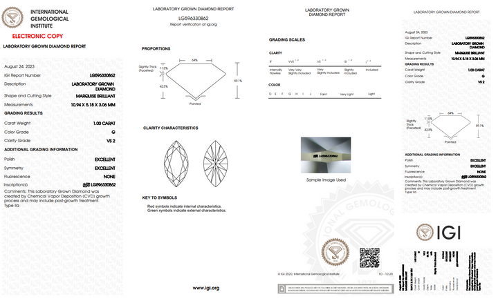 DIAMANT CULTIVÉ EN LABORATOIRE MARQUISE DE 1,00 CT CERTIFIÉ IGI - COULEUR VS2/G