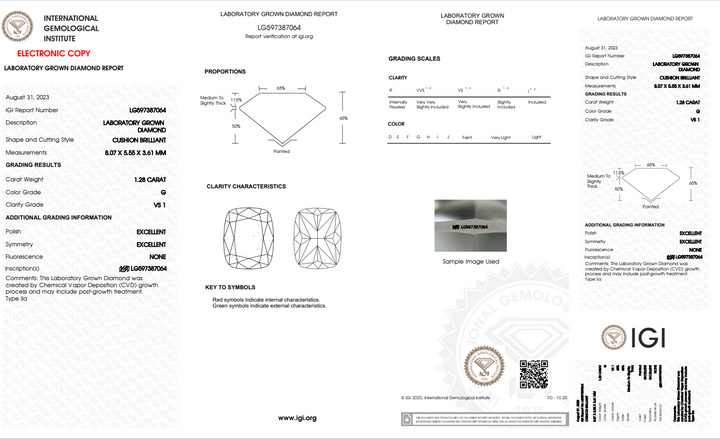 IGI CERTIFIED 1.28 CT LONG CUSHION BRILLIANT CUT LAB GROWN DIAMOND - VS1 CLARITY - G COLOR