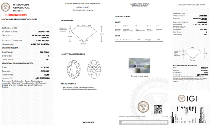 IGI CERTIFIED 1.05 CT OVAL LAB-GROWN DIAMOND, VS1 CLARITY