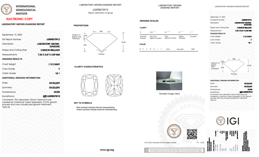 IGI CERTIFIED 1.10 CT LONG CUSHION BRILLIANT CUT LAB GROWN DIAMOND - VS1 CLARITY - F COLOR