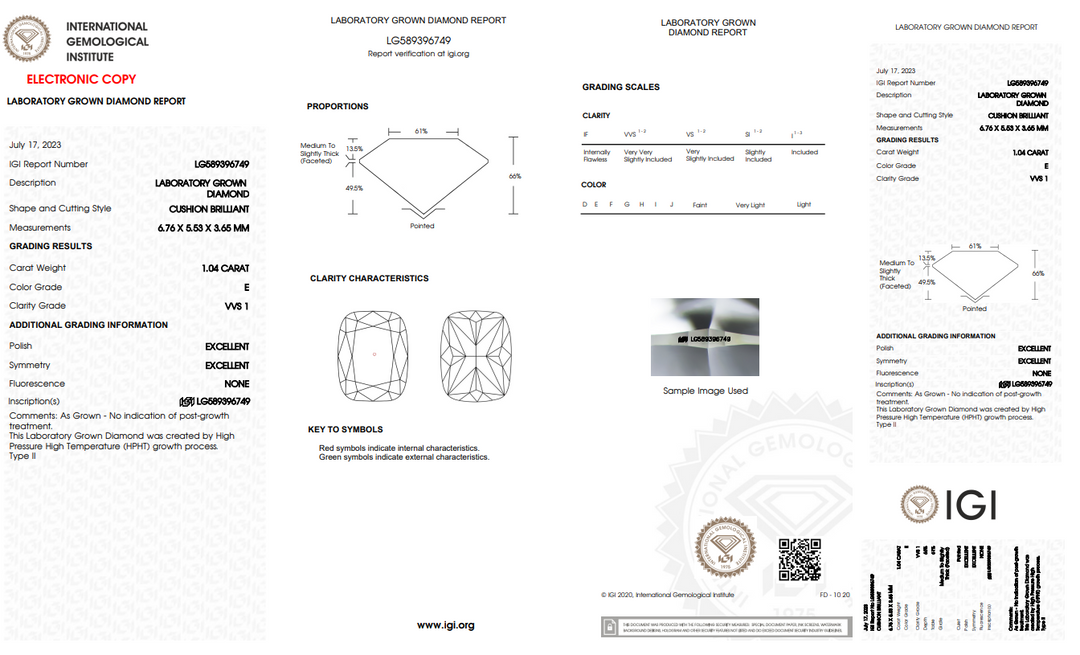 IGI CERTIFIED 1.04 CT LONG CUSHION BRILLIANT CUT LAB GROWN DIAMOND, VVS1 CLARITY, E COLOR