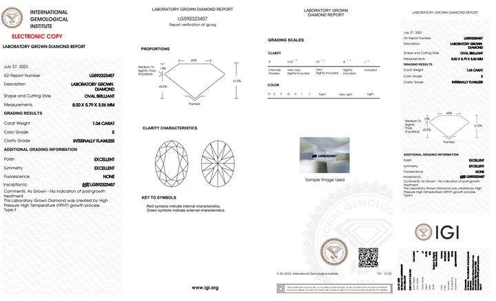 IGI CERTIFIED 1.04 CT OVAL LAB GROWN DIAMOND - INTERNALLY FLAWLESS (IF)