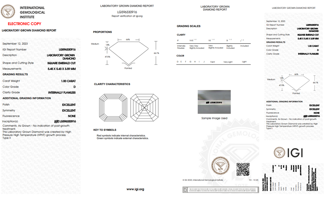 IGI CERTIFIED 1.00 CT SQUARE EMERALD LAB-GROWN DIAMOND, INTERNALLY FLAWLESS (IF), D COLOR