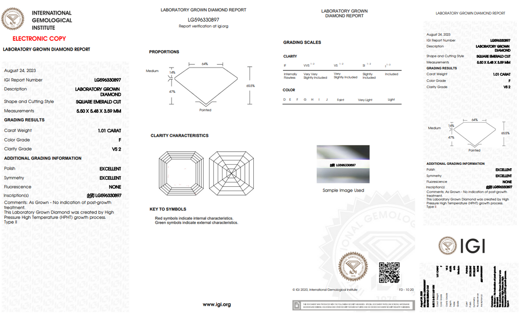 DIAMANT CULTIVÉ EN LABORATOIRE ÉMERAUDE CARRÉ DE 1,01 CT CERTIFIÉ IGI - COULEUR VS2/F