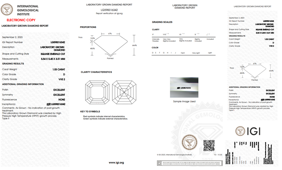 IGI CERTIFIED 1.03 CT SQUARE EMERALD LAB-GROWN DIAMOND | VVS2 CLARITY | D COLOR